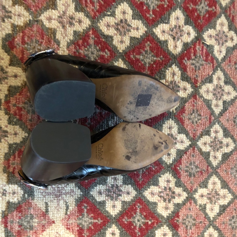 Chloe Black Buckle Pointy Toe Mules sz 37 Block Heel Croc Leather Silver Buckles - Picture 7 of 9